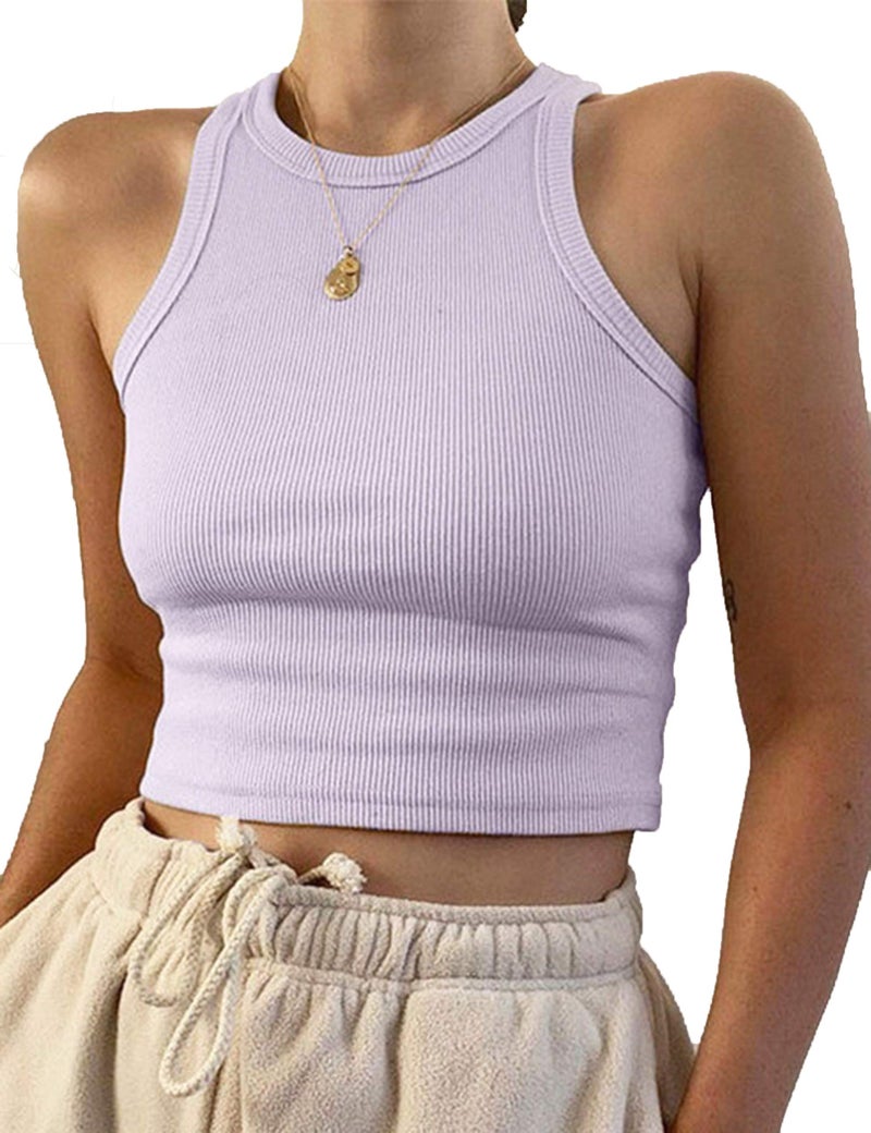 MISSACTIVER Women Basic Sleeveless Vest Crop Tank Top Casual Crew Neck Binding Crop Top (Small, Light Purple) - Image 1